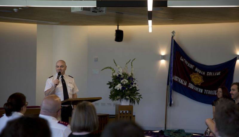 Major Gregory Morgan, new National Head of College, addresses those gathered at the commemorative service in Melbourne.