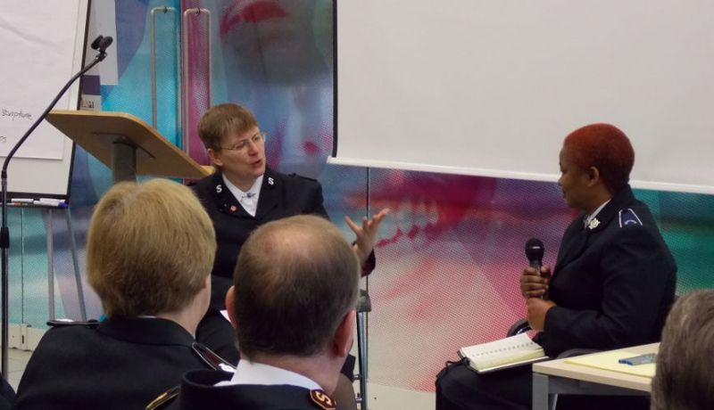 Dr Helen Cameron (pictured back left) will be in Australia for the next two weeks as part of Eva Burrows College International Scholar Series. She is pictured here interviewing a young Salvationist Gloria Sullivan in 2014 for the General's Consultative Committee.